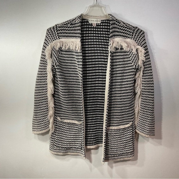 Knox Rose Black & Beige Tan Fringed Knit Cardigan Sweater XS - Picture 2 of 9
